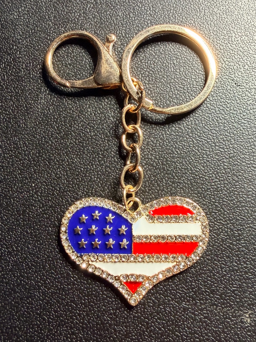 Gold-Tone Heart Keychain with American Flag Enamel - Red White Blue